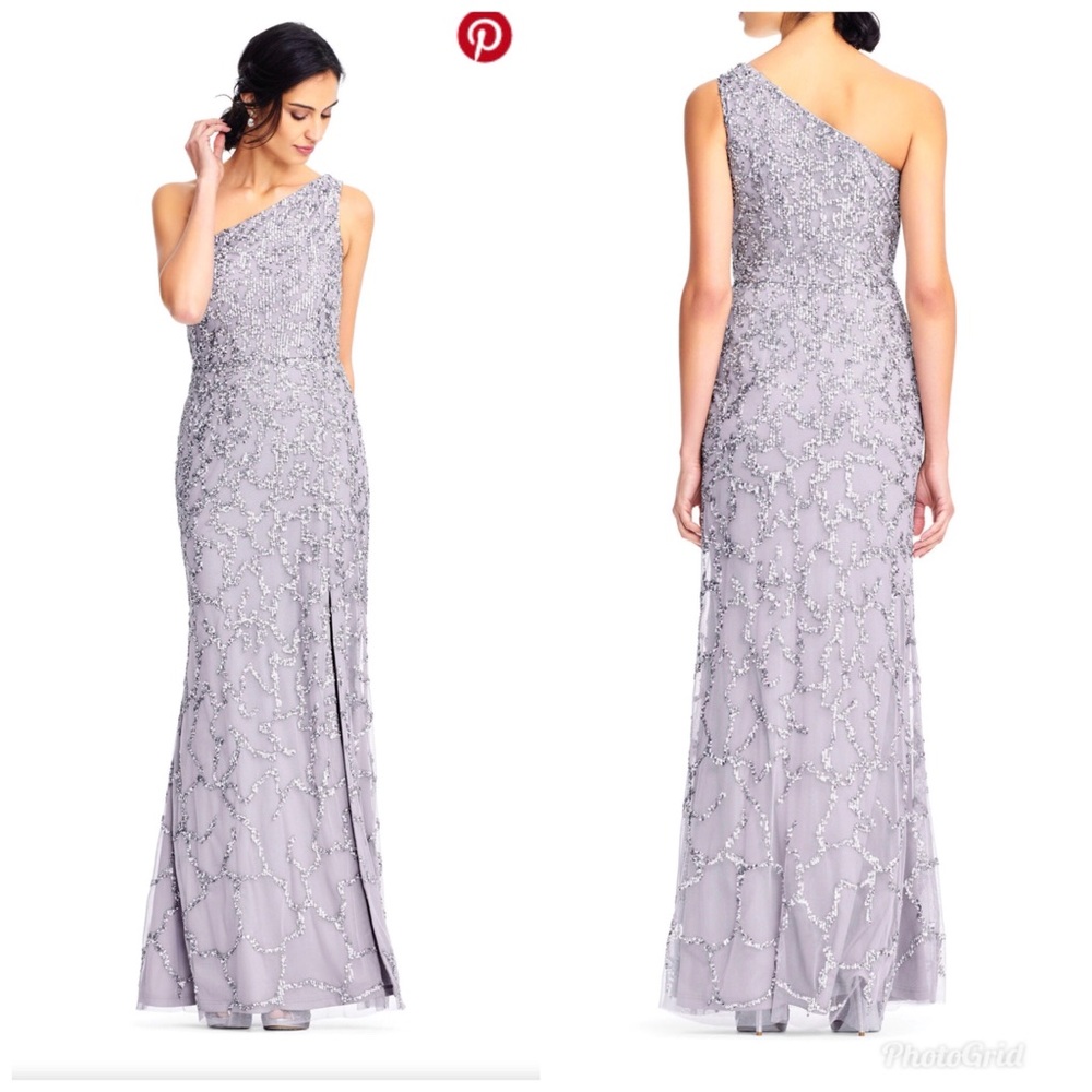 Adrianna Papell Silver One Shoulder Beaded Gown